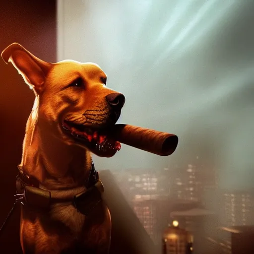 Image similar to a dog wearing smoking a cigar, dramatic lighting, cinematic, establishing shot, extremly high detail, photorealistic, cinematic lighting, concept art, artstation, style by greg rutkowsky