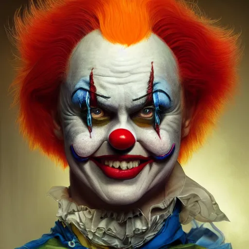 Prompt: perfectly - centered - portrait of a psycho clown, intricate, highly detailed, digital painting, artstation, concept art, smooth, sharp focus, illustration, unreal engine 5, 8 k, art by artgerm and greg rutkowski and alphonse mucha