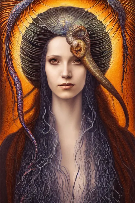 Image similar to portrait of a young female wizard in flowing sensual dress, long fine flowing hair, delicate, looking at camera, slightly smiling, realistic face, stylish, elegant, grimdark fantasy, extremely detailed painting inspired by Gerald Brom and Ernst Haeckel and Carvaggio , studio lighting