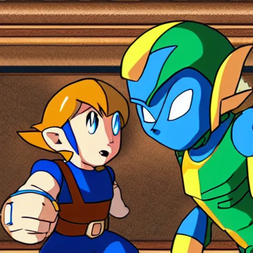 Image similar to mega - man and link from zelda in a bar trying to pick up samus from metroid real