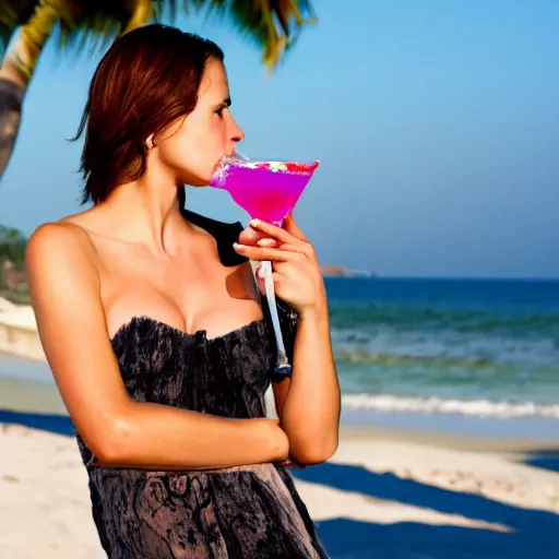 Prompt: photo of a beautiful woman drinking cocktails on the beach