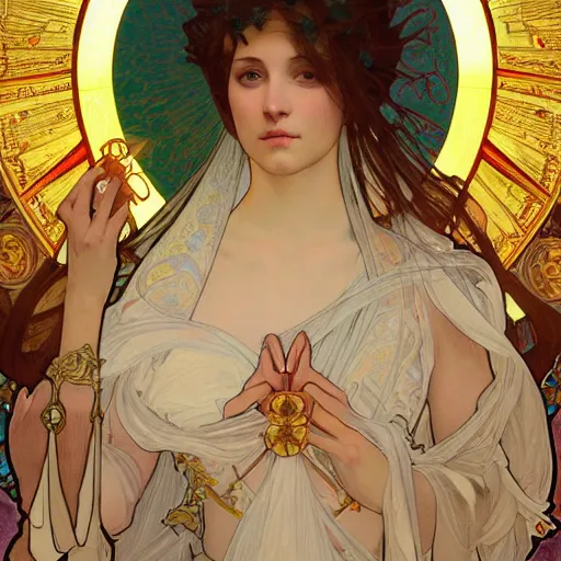 Image similar to a Portrait of A goddess in a church with a holy light emanating from her body by alphonse mucha and wlop,In style of digital art illustration.hyper detailed,smooth, sharp focus,trending on artstation,4k