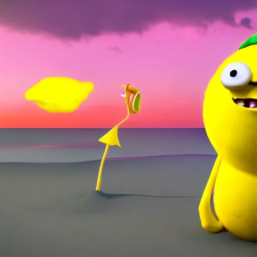Image similar to 3 d octane render, of an anthropomorphic lemon character inspired by cartoon adventure time, monster. inc, with lemon skin texture, it is wearing a hat, building a sandcastle on the beach at sunset, beach, huge waves, sun, clouds, long violet and green trees, rim light, cinematic photography, professional, sand, sandcastle, volumetric lightening