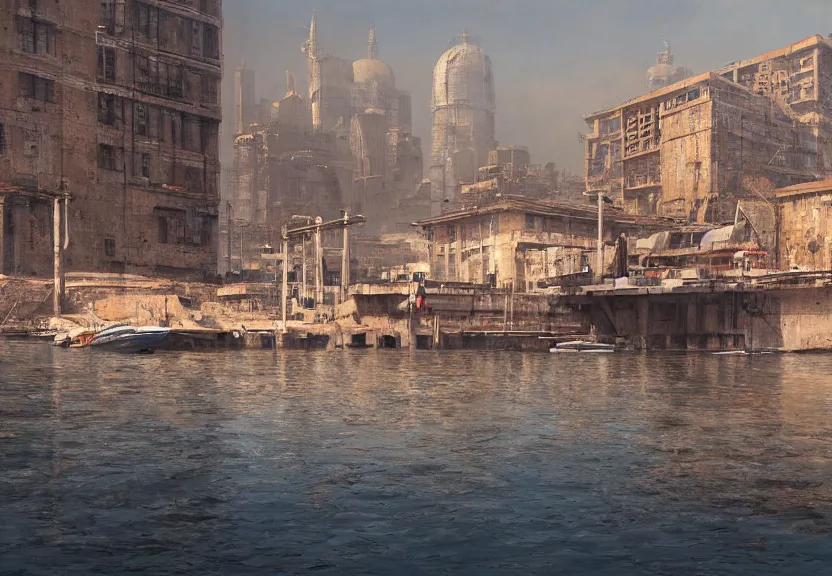 Image similar to a harbor with a concrete dock and a storage facility, old european city, summer season, very hot, dry desert, large sun in sky, architecture, a realistic digital painting by greg rutkowski and james gurney, trending on artstation, highly detailed