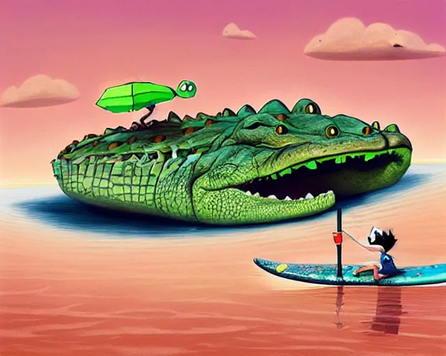 Prompt: a crocodile surfing at the beach, funny cartoonish, by gediminas pranckevicius h 7 0 4