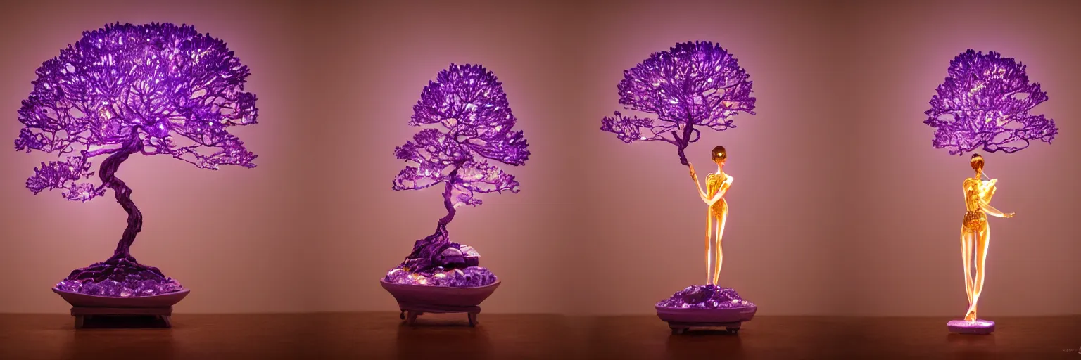 Image similar to beautiful mannequin sculpted out of amethyst by billelis + lit with geometric neon dripping gold + kintsugi, facing a doorway opening with neon pink geometric fractal light + flowering bonsai trees + lighting in background!!, transcendent, clean linework, dramatic, finely detailed, award winning, 4 k, trending on artstation, photorealistic, volumetric lighting, octane render