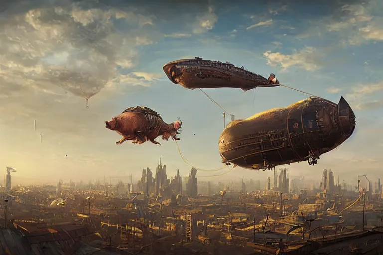 Image similar to a pig blimp hybrid, steampunk, digital art, extremely detailed, flying over a city, greg rutkowski, cinematic