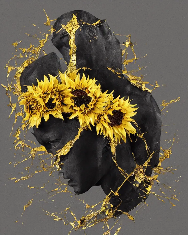 Image similar to symmetrical painting of a fractured black obsidian greek statue of a beauty, yellow topaz spikes sunflowers, lightblue drip acrylic paint, fixed with bronze kintsugi, rendered in octane trending on cgsociety. extremely detailed and intricate art, corruption, sleek