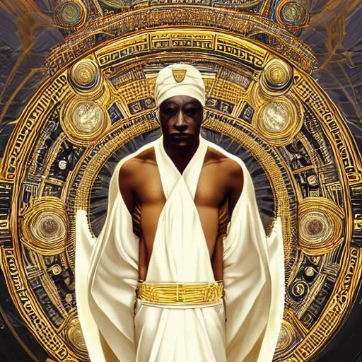 Image similar to symmetry!! an african moor wearing white robes and turban entering the voidspace. ornate, golden, steampunk stargate. front game card. marvel comics. dark. intricate. highly detailed. smooth. artstation. digital illustration by ruan jia, mandy jurgens, artgerm, wayne barlowe, greg rutkowski, and zdislaw beksinsk.