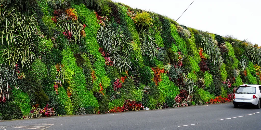 Prompt: a living wall made of new zealand endemic plant species on a suburban street in wellington, new zealand. astelia, metrosideros, griselenia