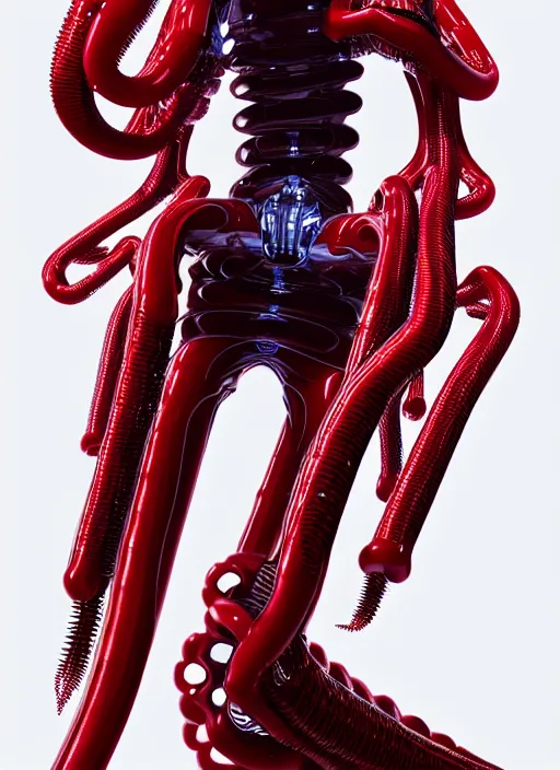 Prompt: background space station, dark red inflateble dress iris van herpen positing on floor, helmet instead of a head, perfect symmetrical, full body shot, inflateble shapes, wires, tubes, veins, jellyfish, white biomechanical details, wearing epic bionic implants, masterpiece, intricate, biopunk, vogue, highly detailed, artstation, concept art