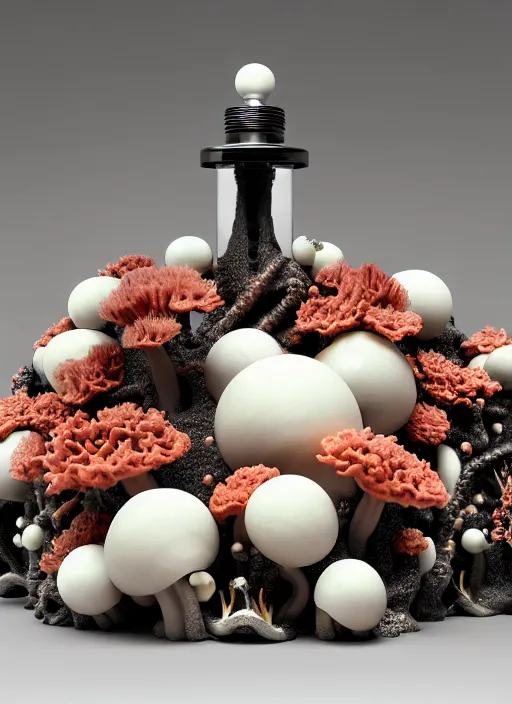 Image similar to perfume bottle standing in a miniature biomechanical black enchanted coral kingdom made of corals, mushrooms, puffballs, rhizomorphs in an ivory room well contoured smooth fair walls, up close shot, sharp focus, global illumination, radiant light, alexandre ferra white mecha, irakli nadar, octane highly render, 4 k, ultra hd,