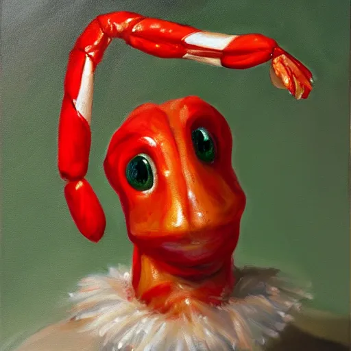 Image similar to hype realistic oil painting of an anthropomorphic shrimp holding a candy cane