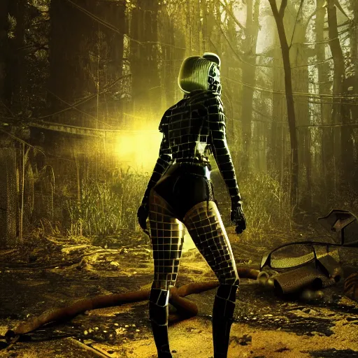 Prompt: A girl in fishnet stockings and power armor stands against the background of a radioactive forest, graphics, fallout 4 render, 3d computer render, maximum details, rain, night, spotlight,