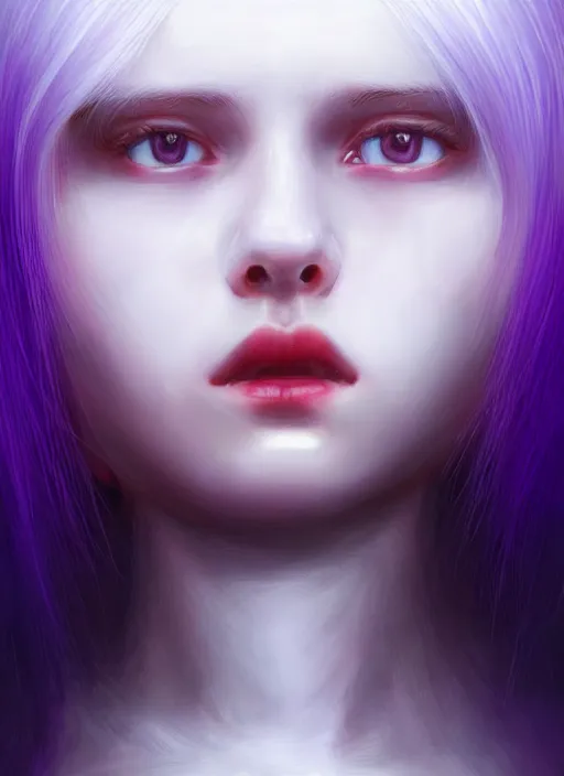 Image similar to hair whitebangs hair, black hair, whitebangs, portrait of teenage girl with white bangs, red irises, purple clothes, white bangs, bangs are different color from hair, intricate, elegant, glowing lights, highly detailed, digital painting, artstation, concept art, smooth, sharp focus, illustration, art by wlop, mars ravelo and greg rutkowski