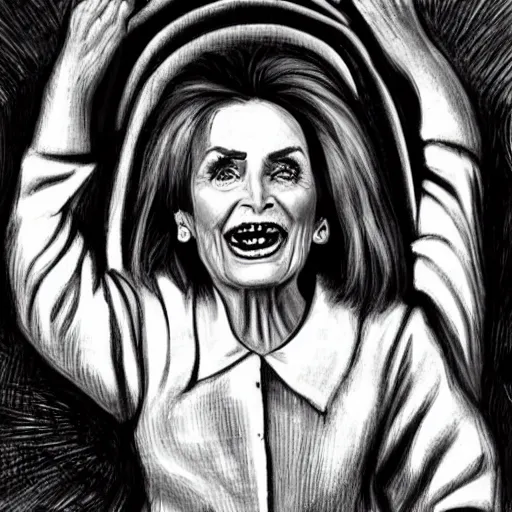 Image similar to demonic nancy pelosi in a coffin