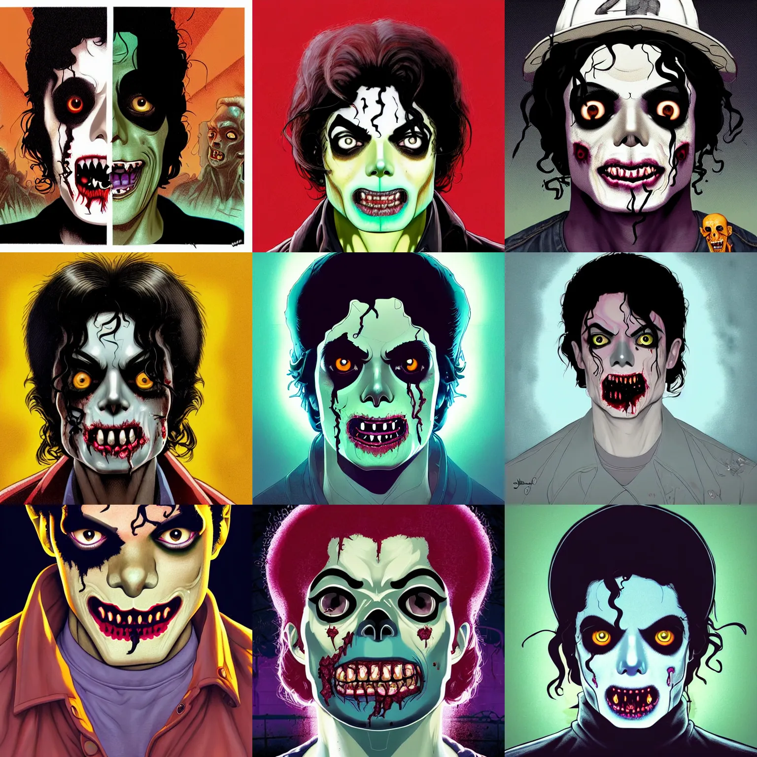 Prompt: cell shaded portrait of a zombie michael jackson with dark eye sockets closed mouth as thriller concept art, macro head shot, ilustration, post grunge, low angle, concept art by josan gonzales and wlop, by james jean, victo ngai, david rubin, mike mignola, laurie greasley, highly detailed, sharp focus, by artgem