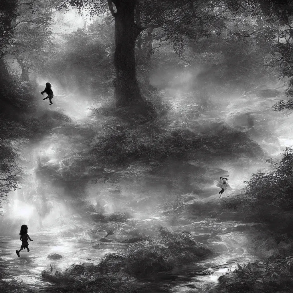 Prompt: an angel chasing a child through a creek in the woods, bad dream, hazy memory, volumetric, hyper realistic, octane render, dark black and white in the style of alvin schwartz, epic angles