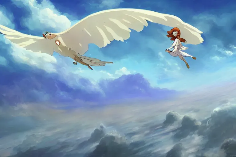 Image similar to A cell animation of girl flying with a bird-shaped white glider over the clowds, Nausicaa of the Valley of the Wind, Miyazaki Hayao, ghibli style, highly detailed, digital painting, concept art, sharp focus, illustration, anime, trending on artstaion