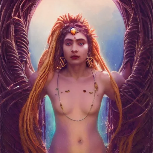 Image similar to birth of mami wata, sumerian goddess inanna ishtar, ashteroth, techno mystic goddess princess intergalactica, with aqua neon rapunzel dreadlocks, mami wata, detailed, by gaston bussiere, bayard wu, greg rutkowski, giger, maxim verehin, greg rutkowski, masterpiece, sharp focus,