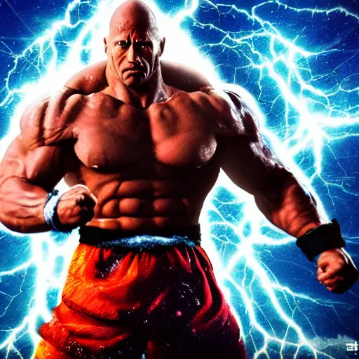 Prompt: photorealistic full shot of Dwayne Johnson as a warrior style goku super saiyan at moonlight, apocalyptic background, snowing, lightning bolt, high detail, unreal engine 4k volumetric light, fog,