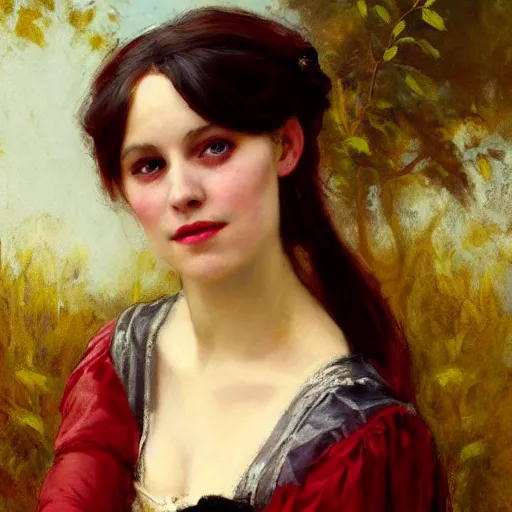 Prompt: Solomon Joseph Solomon and Richard Schmid and Jeremy Lipking victorian genre painting portrait painting of a happy young beautiful woman traditional german french actress model pirate wench in fantasy costume, red background