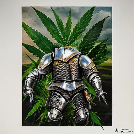 Image similar to an high detailes acryl painting of a full armored knight, squatting in a field of cannabis plants, colorfull, trending on artstation