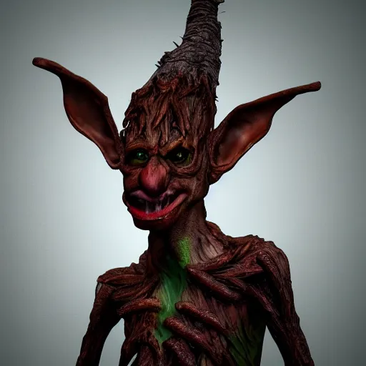 Image similar to Octane render, maya, zbrush, wacom, digital dark fantasy portrait of a wood goblin with shiny red goggles and a twig in his mouth, featured on DeviantArt.com