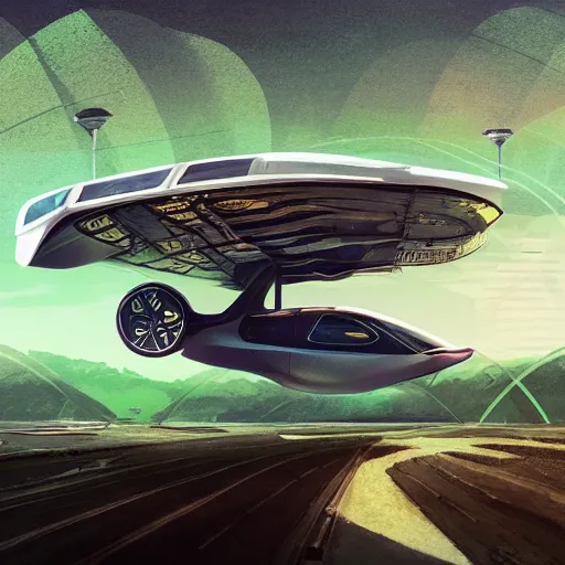 Image similar to solarpunk hovercar, clean energy, green technology, batoidea shape, airspace, sunny day, futurism, intricate, engines, glow, highly detailed, peaceful, utopia, bright, digital painting, artstation, concept art, smooth, sharp focus, epic landscape, art by akihiko yoshida and tim mcburnie and anato finnstark