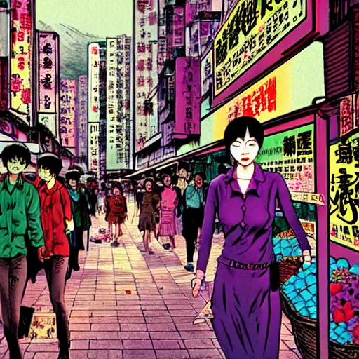 Image similar to glossy old advertising poster, young woman walking through crowded hong kong street, vendors, zombies, horror, drawn comic by junji ito, pastels, gradient,