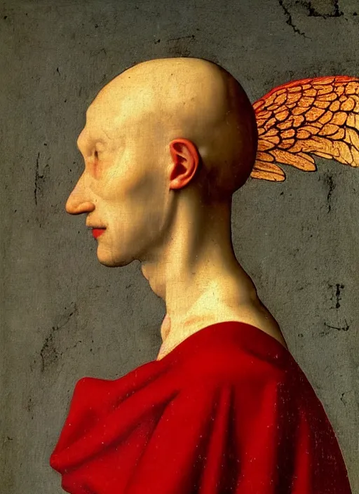 Image similar to profile of a fallen angel dressed in red with wings by Jan van Eyck, Hieronymus Bosch, Johannes Vermeer 4k post-processing, highly detailed medieval painting