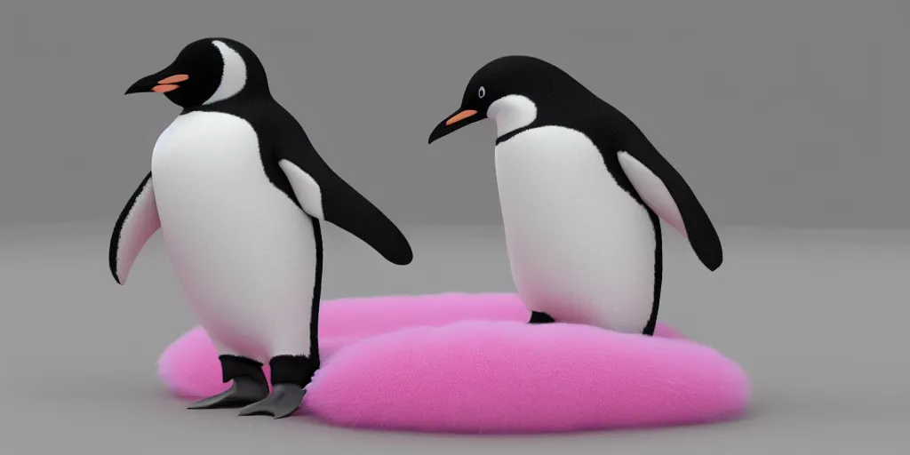 Prompt: realistic penguin in an pink fluffy bed, unreal 5