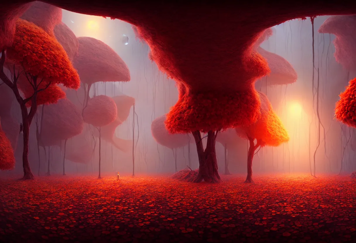 Image similar to inside of alien autumn colored landscape of human mind and imagination, matte painting, beautiful render, octane render, concept art