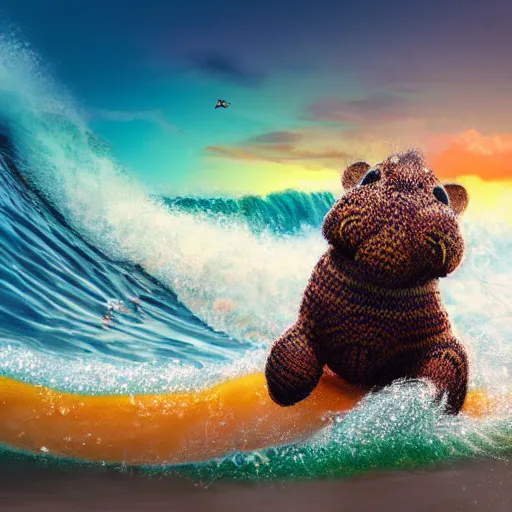 Image similar to a closeup photorealistic photograph of a cute smiling knitted tiger hippopotamus riding a wave at sunset. surf in background. professional capture. brightly lit scene. this 4 k hd image is trending on artstation, featured on behance, well - rendered, extra crisp, features intricate detail, epic composition and the style of unreal engine.