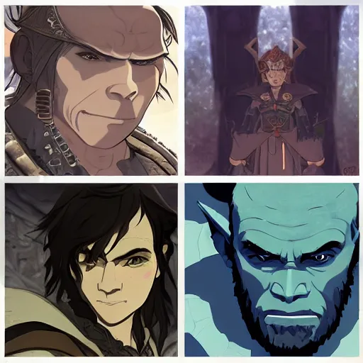 Image similar to half orc cleric, dungeons and dragons, male, wearing eye shadow, ornate armor, steampunk, realistic facial features, highly detailed, illustration, Makoto Shinkai and Studio Ghibli animated film still, by Ilya Kuvshinov and Alphonse Mucha