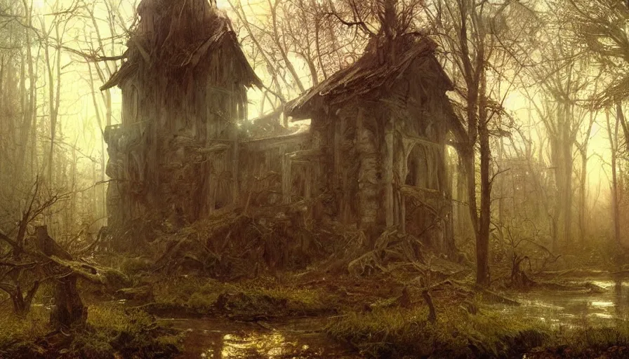 Prompt: a beautiful intricate painting of a abandoned log church in dark evil fantasy forest, reflections, very high details by william turner art, greg rutkowski and alphonse mucha, trending on artstation, very very detailed, masterpiece,