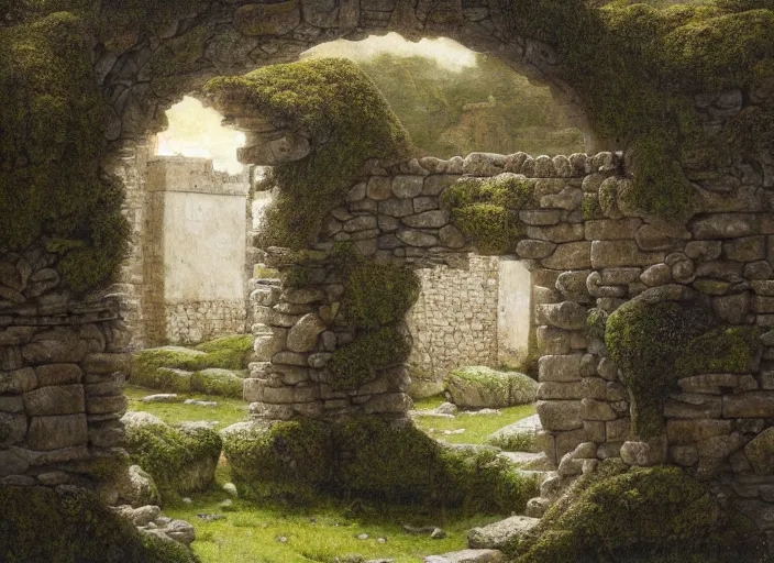 Prompt: labyrinth stone wall with two doors. one is a a carved stone door overgrown with moss. the other is a door made of old wood and rusty metal. by edgar maxence and caravaggio and michael whelan and delacroix style, artistic, intricate painting, cinematic lighting, hyper realistic, extremely detailed, 8 k resolution, establishing shot, dramatic lighting