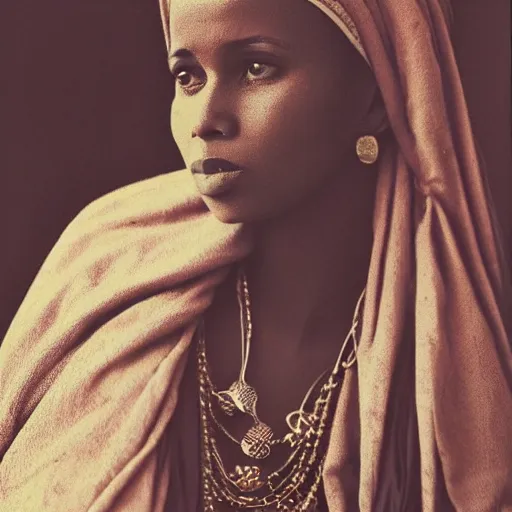 Image similar to a vintage image of a somali woman, dressed in somali clothing, nostalgic, beautiful, dreamy, pastel, nature, portrait, detailed