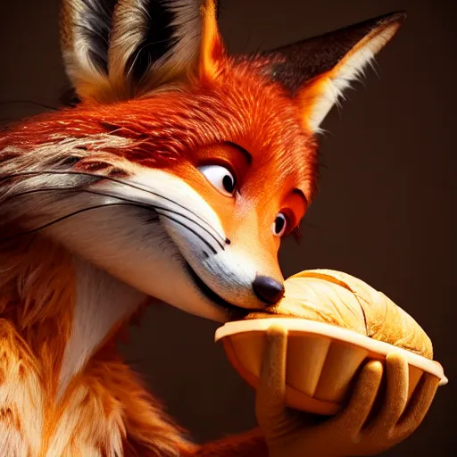 Image similar to weta disney pixar movie still macro close photo of smiling anthropomorphic fox holding on nose a bread with face : : by weta, greg rutkowski, wlop, ilya kuvshinov, rossdraws, artgerm, octane render, iridescent, bright morning, anime, liosh, mucha : :