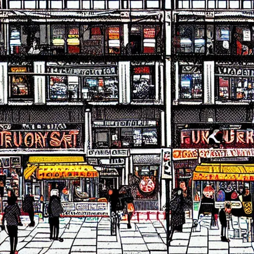 Prompt: busy food market street scene by Dan Mumford and by Dan Witz