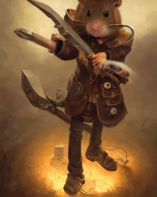 Image similar to oil painting of anthropomorphized hamster holding Pick Axe, steampunk clothes, close shot, full body, dark steampunk mine shaft background, sharp focus, fantasy style, octane render, volumetric lighting, 8k high definition, by greg rutkowski, highly detailed, trending on art Station, dungeons and dragons artwork, centered