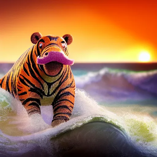 Image similar to a closeup photorealistic photograph of a cute smiling knitted tiger hippopotamus riding an epic wave at sunset. surf in the background. professional capture. brightly lit scene. this 4 k hd image is trending on artstation, featured on behance, well - rendered, extra crisp, features intricate detail, epic composition and the style of unreal engine.