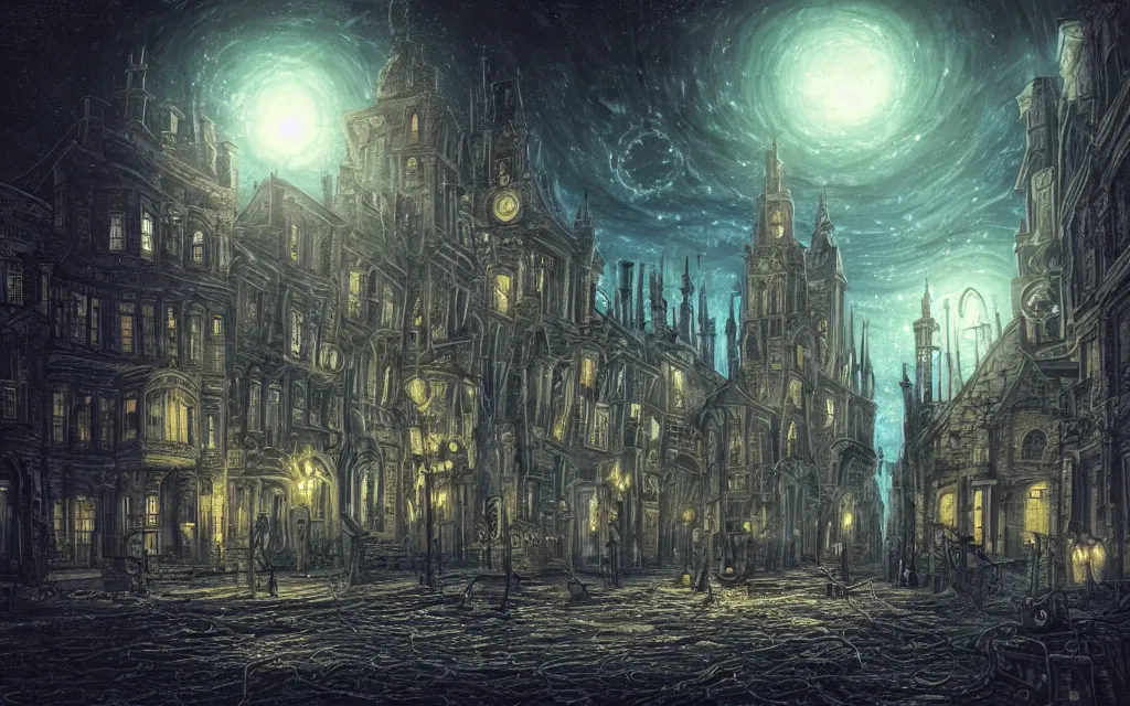 Prompt: An (18th century) (lovecraftian) gothic city at night with a star filled sky. (Greasy) blue luminescent cables are emerging from cracks on the ground. Highly detailed, digital art, smooth, sharp focus, illustration, octane render, vivid colors, concept art, low angle shot, super wide shot, ((fish eye)), 4k.