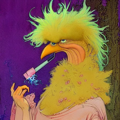 Image similar to a realistic and atmospheric watercolour fantasy character concept art portrait of big bird with pink eyes wearing a wife beater and smoking a huge blunt by rebecca guay, michael kaluta, charles vess and jean moebius giraud