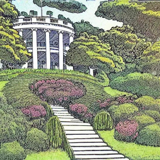 Prompt: old white house stairs into lush garden, drawing moebius