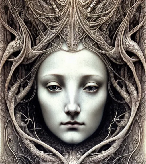 Prompt: detailed realistic beautiful ice goddess face portrait by jean delville, gustave dore, iris van herpen and marco mazzoni, art forms of nature by ernst haeckel, art nouveau, symbolist, visionary, gothic, neo - gothic, pre - raphaelite, fractal lace, intricate alien botanicals, ai biodiversity, surreality, hyperdetailed ultrasharp octane render