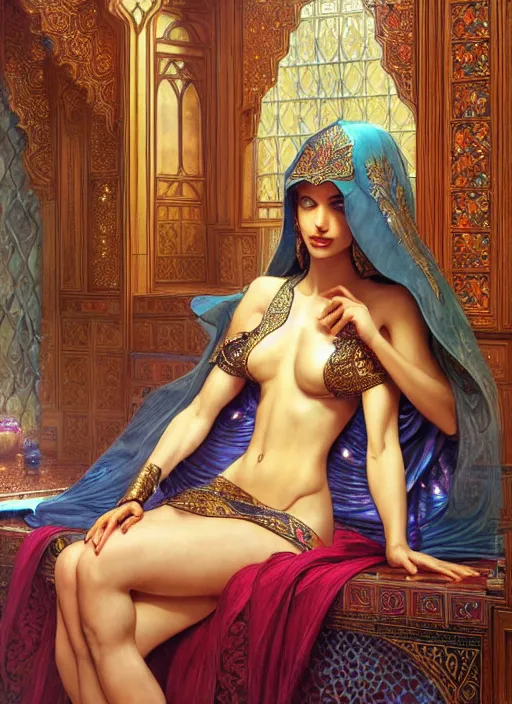 Image similar to an arabian princess relaxing in her palace, raining outside, shiny, fantasy, intricate, elegant, hyper detailed, ultra definition, photoreal, artstation, unreal engine rendered, concept art, smooth, sharp focus, illustration, art by artgerm and greg rutkowski and alphonse mucha and garis edelweiss