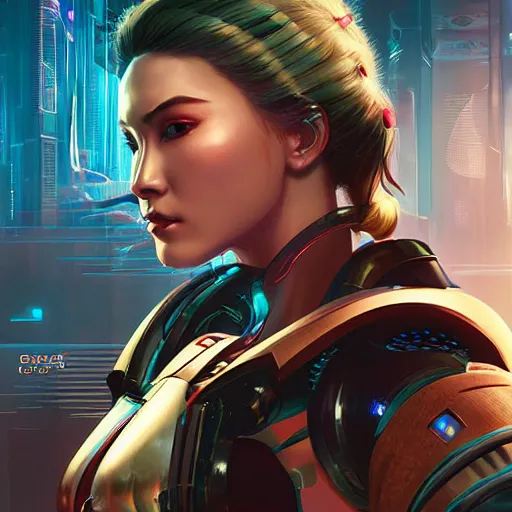 Image similar to a stunning portrait of samurai netrunner woman cyborg by Evelyn De Morgan and Ross Tran, cyberpunk 2077 rossdraws, fresco, hard surface