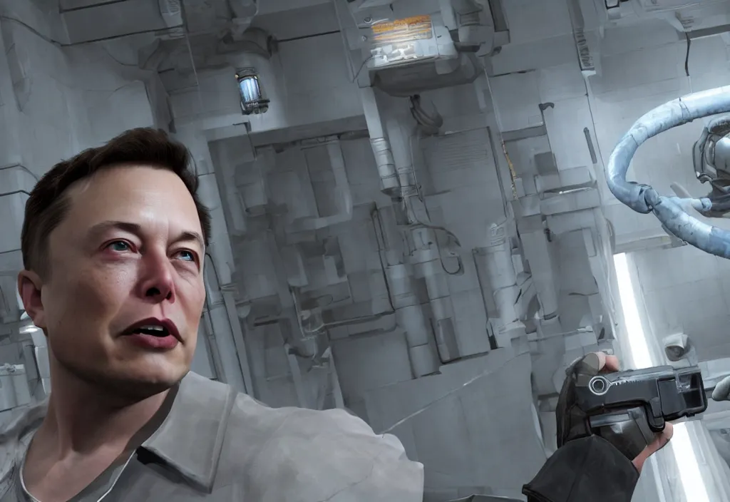 Image similar to elon musk in half life, elon musk in the video game half life, gameplay screenshot, close up, 3 d rendering. unreal engine. amazing likeness. very detailed.