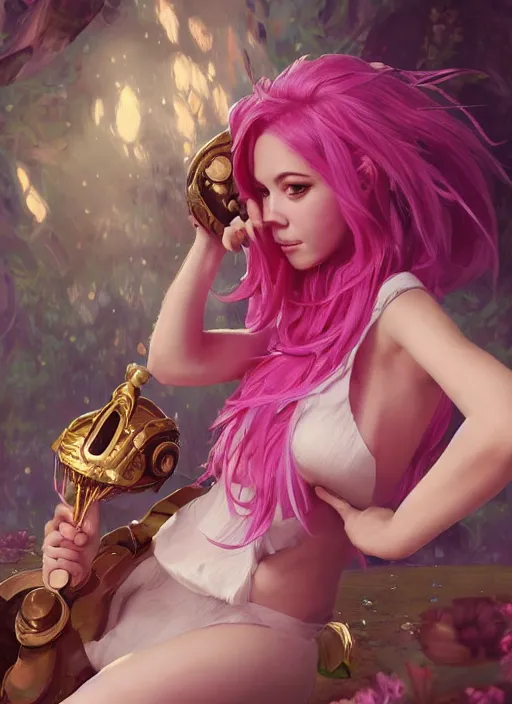 Image similar to playful seraphine, from league of legends, au naturel, pink hair, new musical instruments, hyper detailed, digital art, trending in artstation, cinematic lighting, studio quality, smooth render, unreal engine 5 rendered, octane rendered, art style by klimt and nixeu and ian sprigger and wlop and krenz cushart